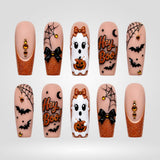Pumpkin Bow Boo | Orange Ghost Halloween Press-On Nails – Coffin