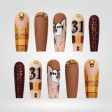 October 31 | Mocha Plaid Ghost Halloween Press-On Nails – Coffin