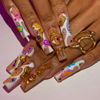 Neon Burst press-on nails — vibrant geometric patterns on square nails