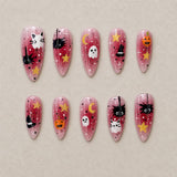 Full set of 10 almond press-on nails — Berry Hex Halloween nail art with black cat, ghost, kawaii
