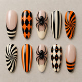 Full set of 10 almond press-on nails — Circus Widow Halloween nail art with spider, harlequin, striped