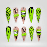 Ten coordinated neon-lime, black, and nude graphic press-on nails arranged on a greige catalog background.