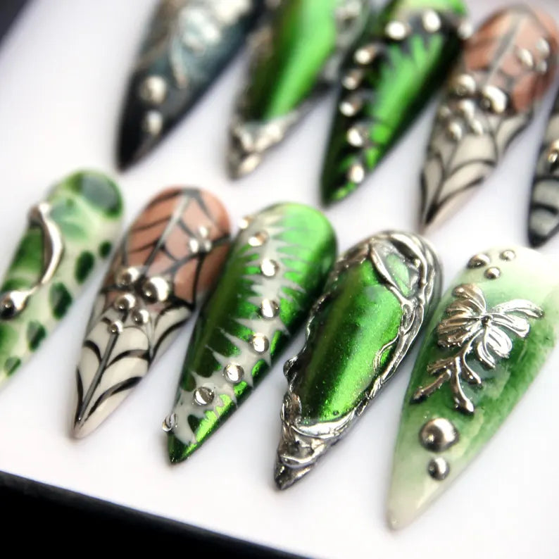 Green & Silver Leaf Press-On Nails | Nature-Inspired Floral Design