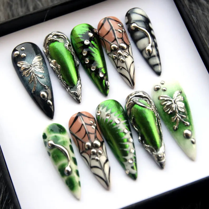 Green & Silver Leaf Press-On Nails | Nature-Inspired Floral Design