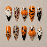 Full set of 10 stiletto press-on nails — Midnight Harvest Halloween nail art with ghost, pumpkin, spider web