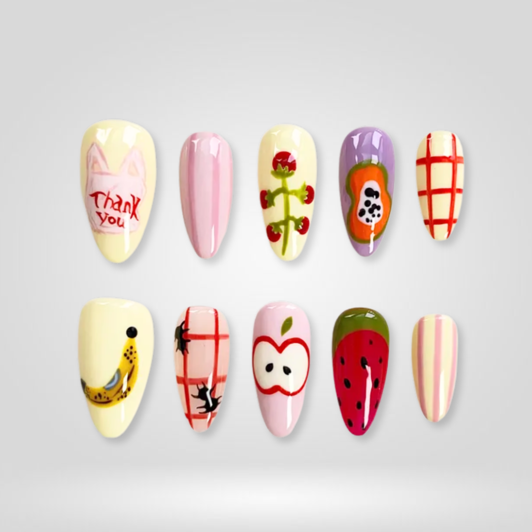 Bright fruity summer press-on nails — Fruit Party design from NailHandy