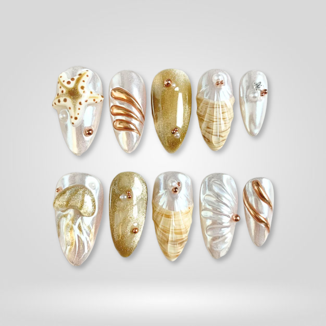 Beach summer press-on nails — Golden Shore ocean design from NailHandy