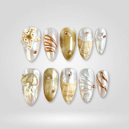 Beach summer press-on nails — Golden Shore ocean design from NailHandy