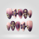 Purple Bloom press-on nails — 3D floral with gold accents