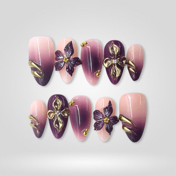 Purple Bloom press-on nails — 3D floral with gold accents