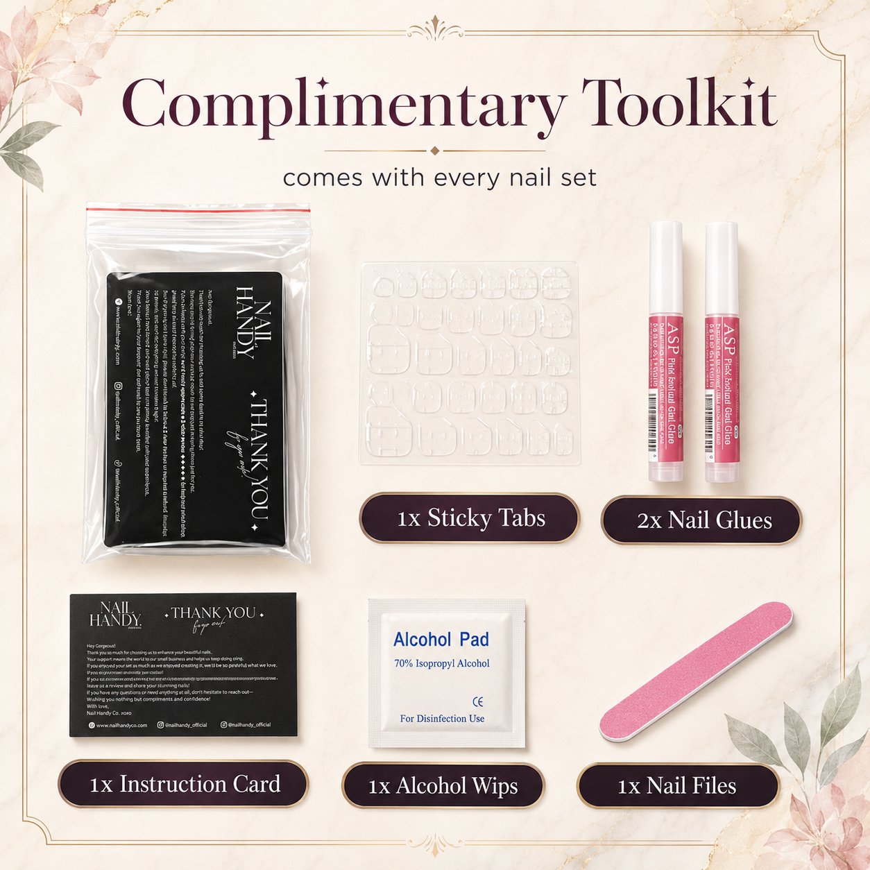 Complimentary application toolkit included with the Cherry Stripe Mischief press-on nail set.