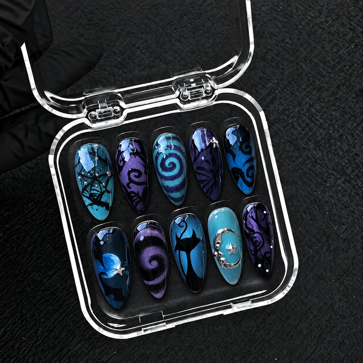 Moonlit Whiskers Halloween Almond Press-On Nails