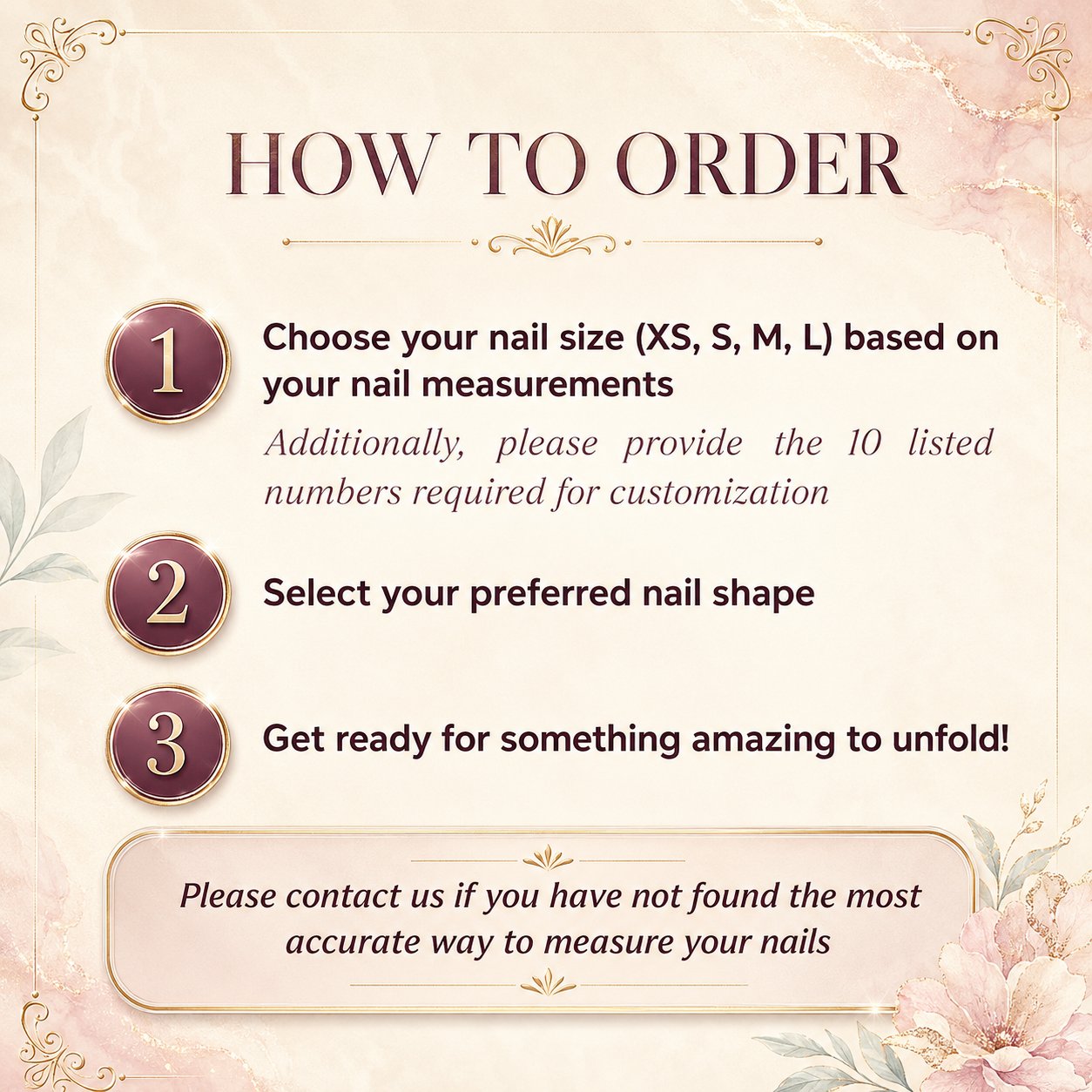 Ordering guide for selecting Cherry Stripe Mischief press-on nail shape and size options.