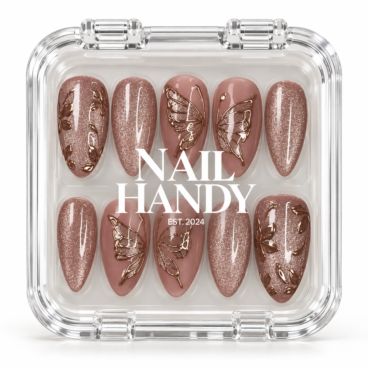 Rosewood Butterfly Gleam Press-On Nails with Metallic Botanical Accents