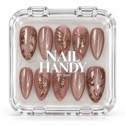 Rosewood Butterfly Gleam Press-On Nails with Metallic Botanical Accents