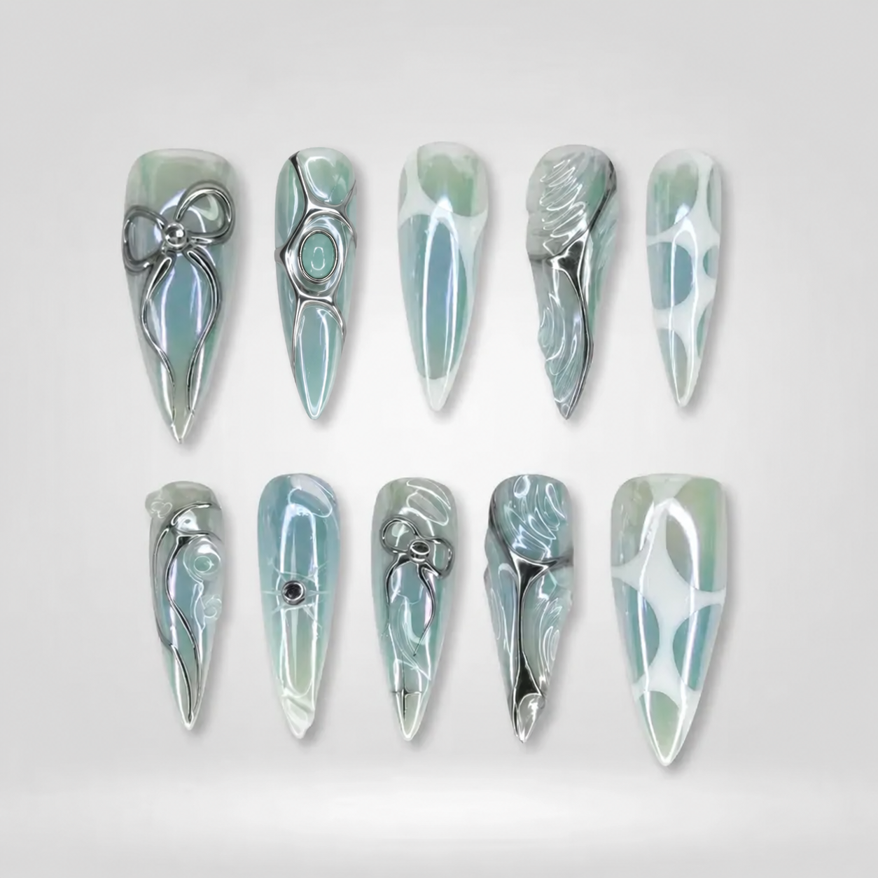 Mint Bow Chrome Stiletto Press-On Nails