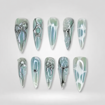 Mint Bow Chrome Stiletto Press-On Nails