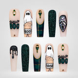 Emerald Boo | Dark Green Ghost Halloween Press-On Nails – Coffin
