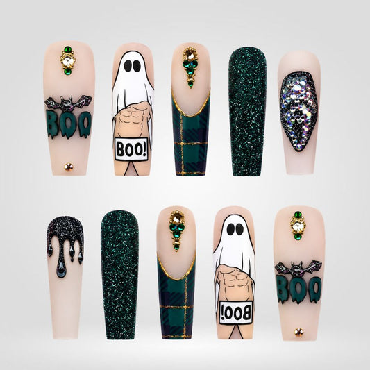 Emerald Boo | Dark Green Ghost Halloween Press-On Nails – Coffin