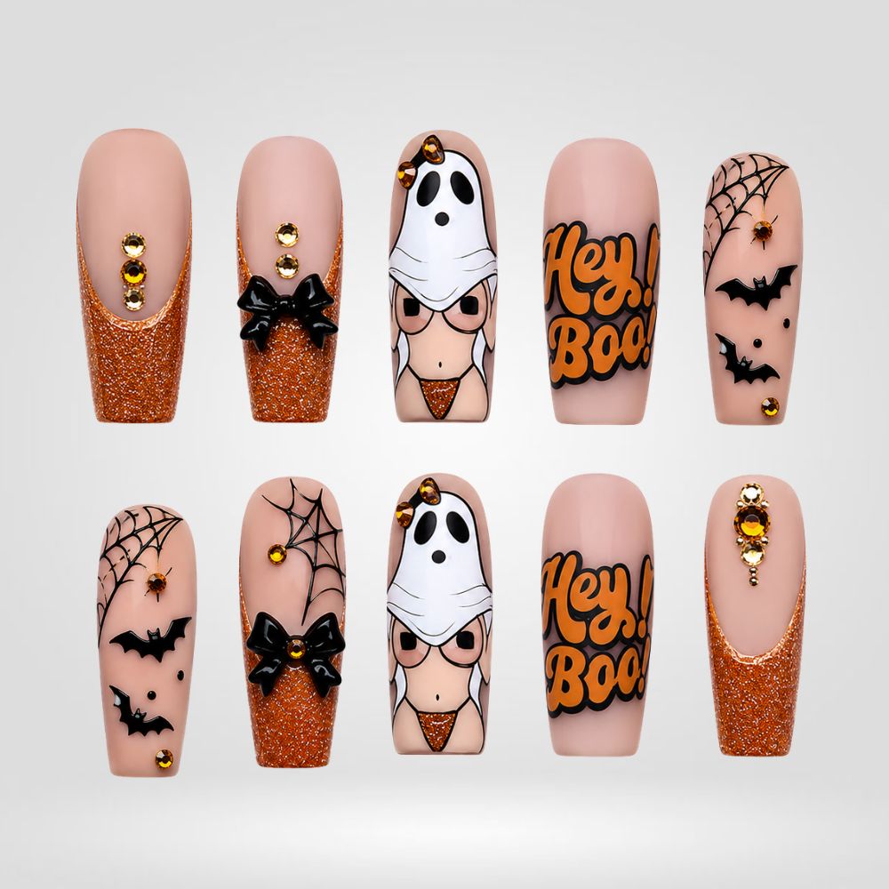 Hey Boo | Orange Glitter Ghost Halloween Press-On Nails – Coffin