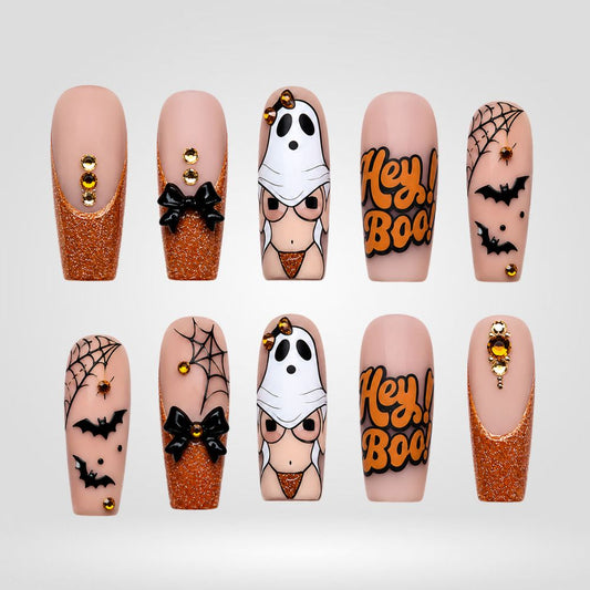 Hey Boo | Orange Glitter Ghost Halloween Press-On Nails – Coffin