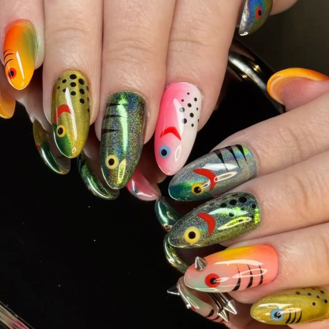 Handmade Fishing Lure Press-On Nails | Custom Fish Bait Nail Art