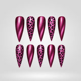 Pink Leopard magenta leopard cat eye press-on nails in a stiletto shape - leopard, chrome design
