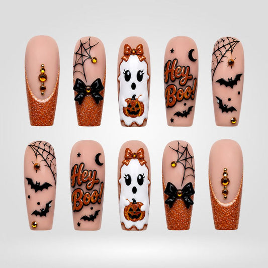 Pumpkin Bow Boo | Orange Ghost Halloween Press-On Nails – Coffin