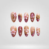 Wine Bloom press-on nails — wine tone with hand-painted florals