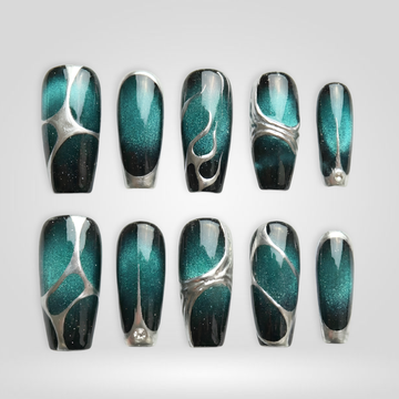 Aqua Flame press-on nails, floral cat-eye pattern