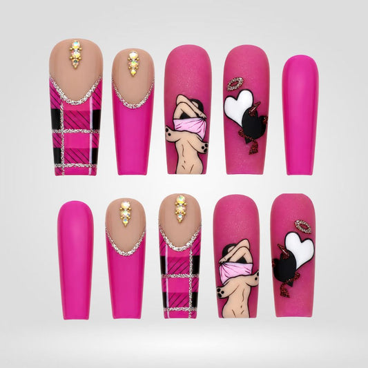 Pink Spellbound | Plaid Heart Halloween Press-On Nails – Coffin