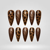 Safari Leopard caramel safari cat eye press-on nails in a stiletto shape - leopard, tiger design
