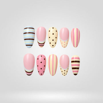 Blush Knit press-on nails with striped and dot pattern