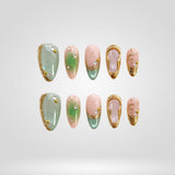 Olive Muse 3D floral press-on nails with gold accents