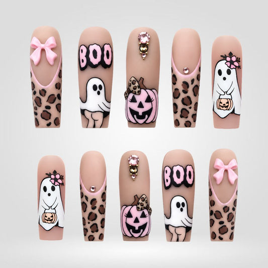 Leopard Boo | Pink Pumpkin Ghost Halloween Press-On Nails – Coffin