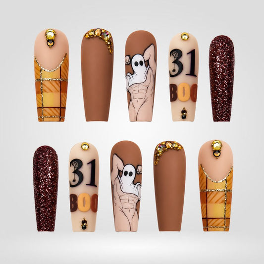 October 31 | Mocha Plaid Ghost Halloween Press-On Nails – Coffin