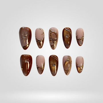 Cocoa Gleam 3D press-on nails — cat-eye and stars