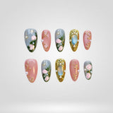 Moon Garden press-on nails — hand-painted pastels with 3D floral accents