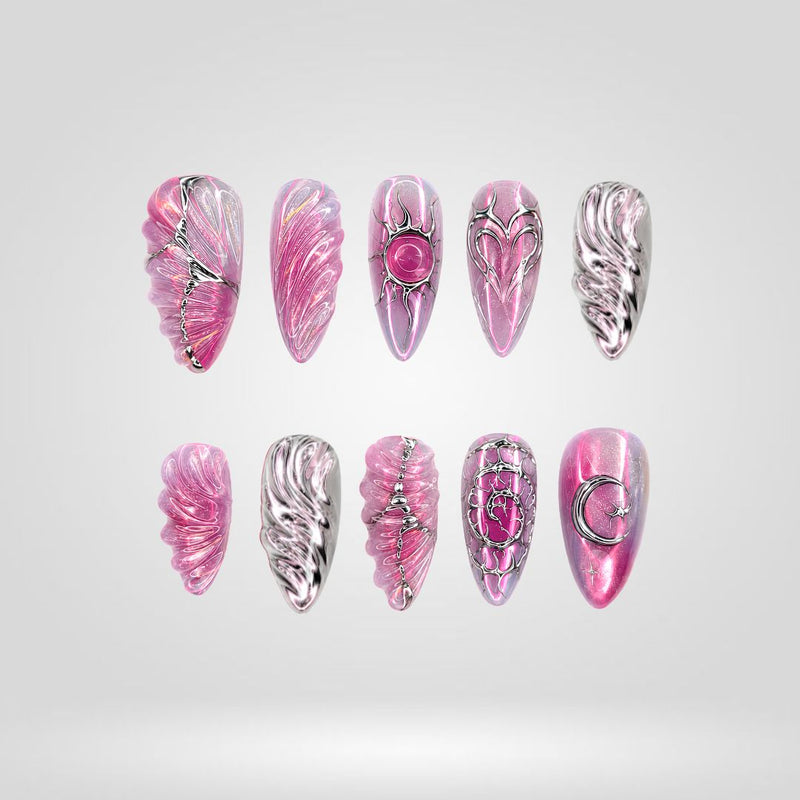 Pink Chrome 3D press-on nails with metallic silver accents