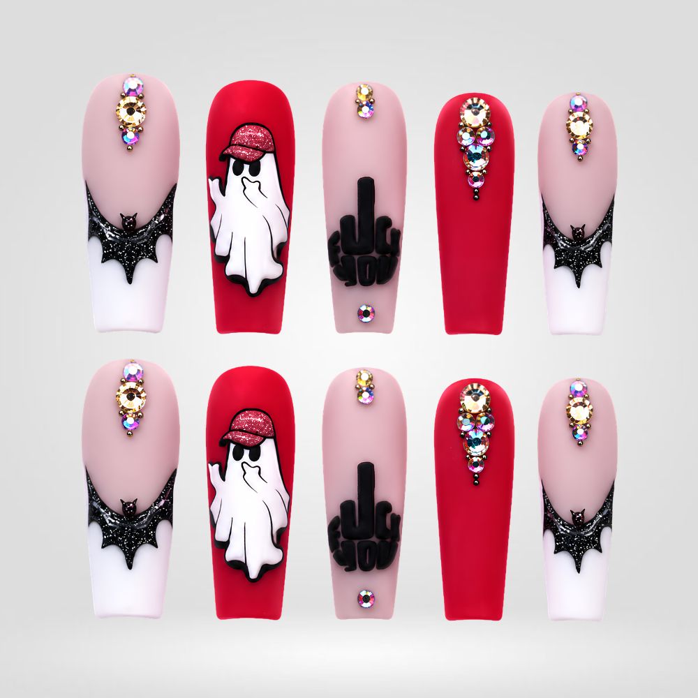 Zero Boos Given | Red Ghost & Bat Halloween Press-On Nails – Coffin