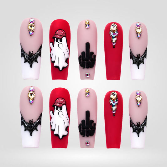 Zero Boos Given | Red Ghost & Bat Halloween Press-On Nails – Coffin