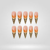 Leopard Gold press-on nails — 3D embellished gold leopard on stiletto tips