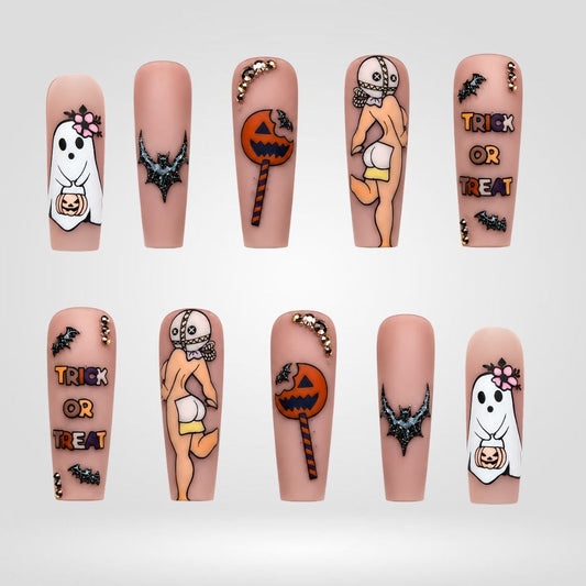 Trick or Treat | Pumpkin Candy Ghost Halloween Press-On Nails – Coffin