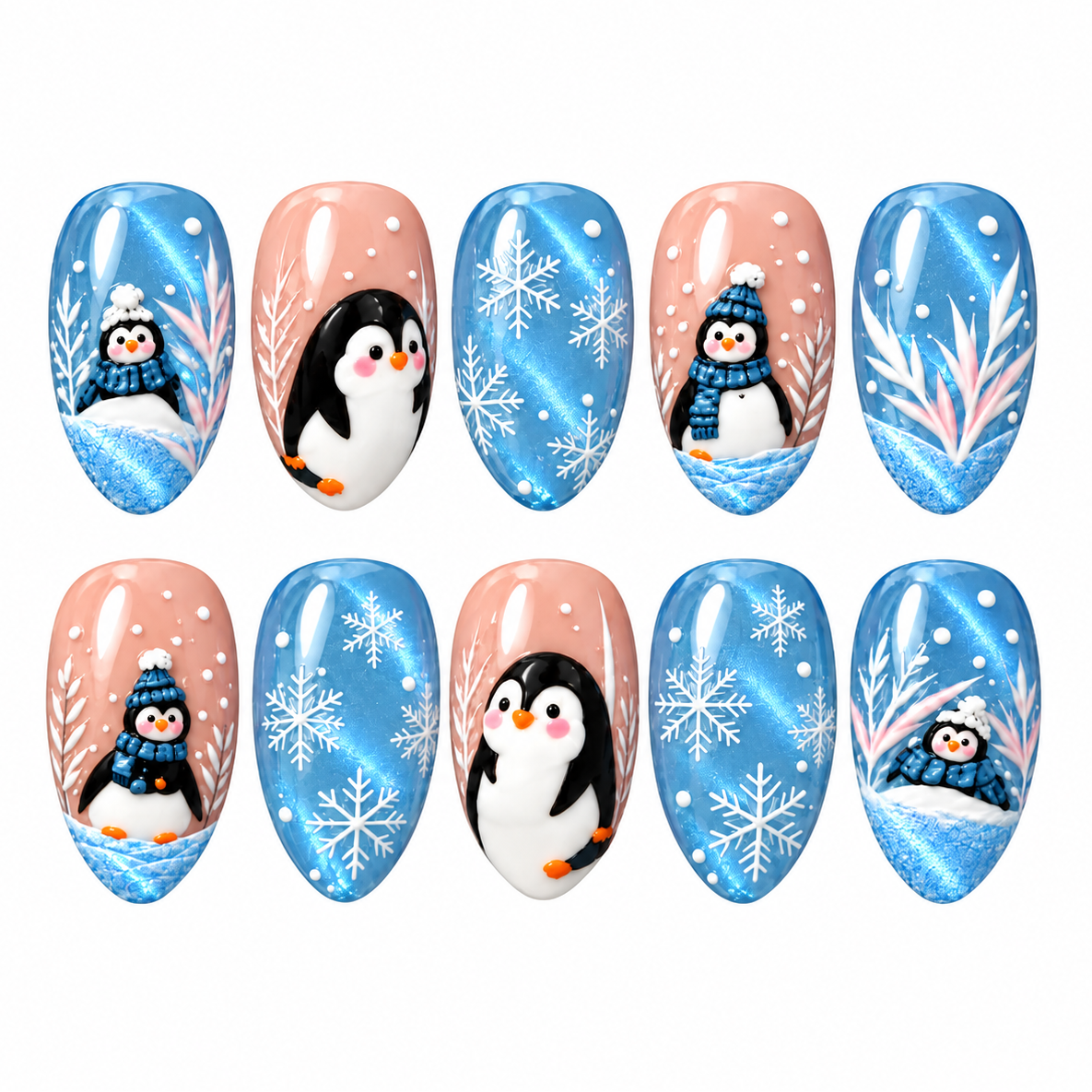 Penguin Snow Day Press-On Nails — Icy Blue & Blush