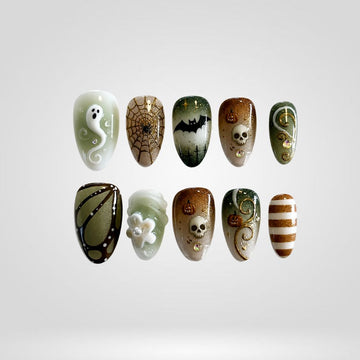Mystic Forest handmade press-on nails — olive and brown with skull, butterfly and snake designs