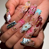 Electric Pop press-on nails — neon metallic designs on square nails