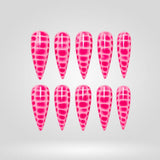 Picnic Check pink gingham cat eye press-on nails in a stiletto shape - checkerboard, retro design