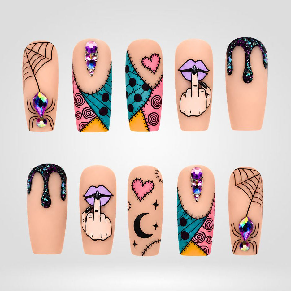 Stitched Mischief | Patchwork Spider Halloween Press-On Nails – Coffin