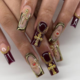 Divine Elegance press-on nails with 3D gold cross accents