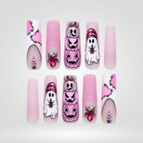 Pink Pumpkin Parade | Cute Ghost & Stitched Halloween Press-On Nails – Coffin